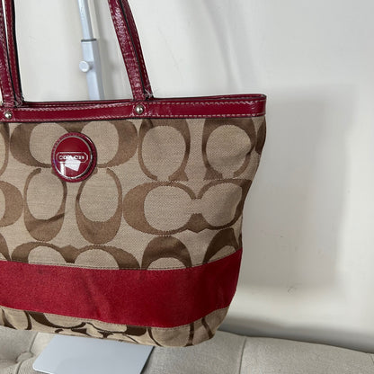 Coach Beige Signature Monogram Red Stripe Tote Shoulder Bag H1182-F17433