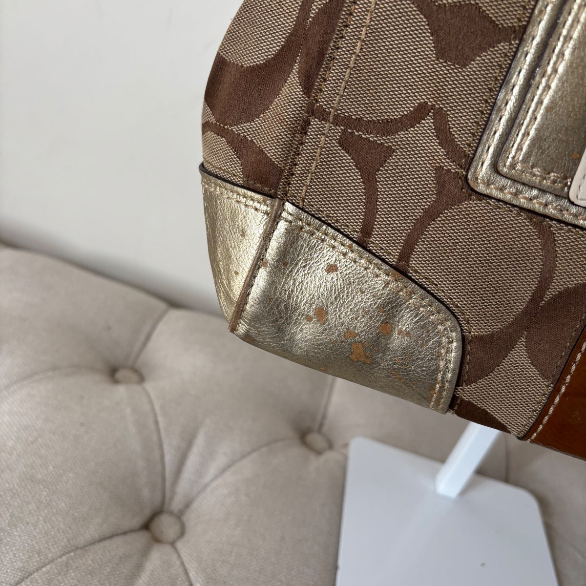 Coach Beige & Silver Monogram Hampton Shoulder Bag J0771-11620
