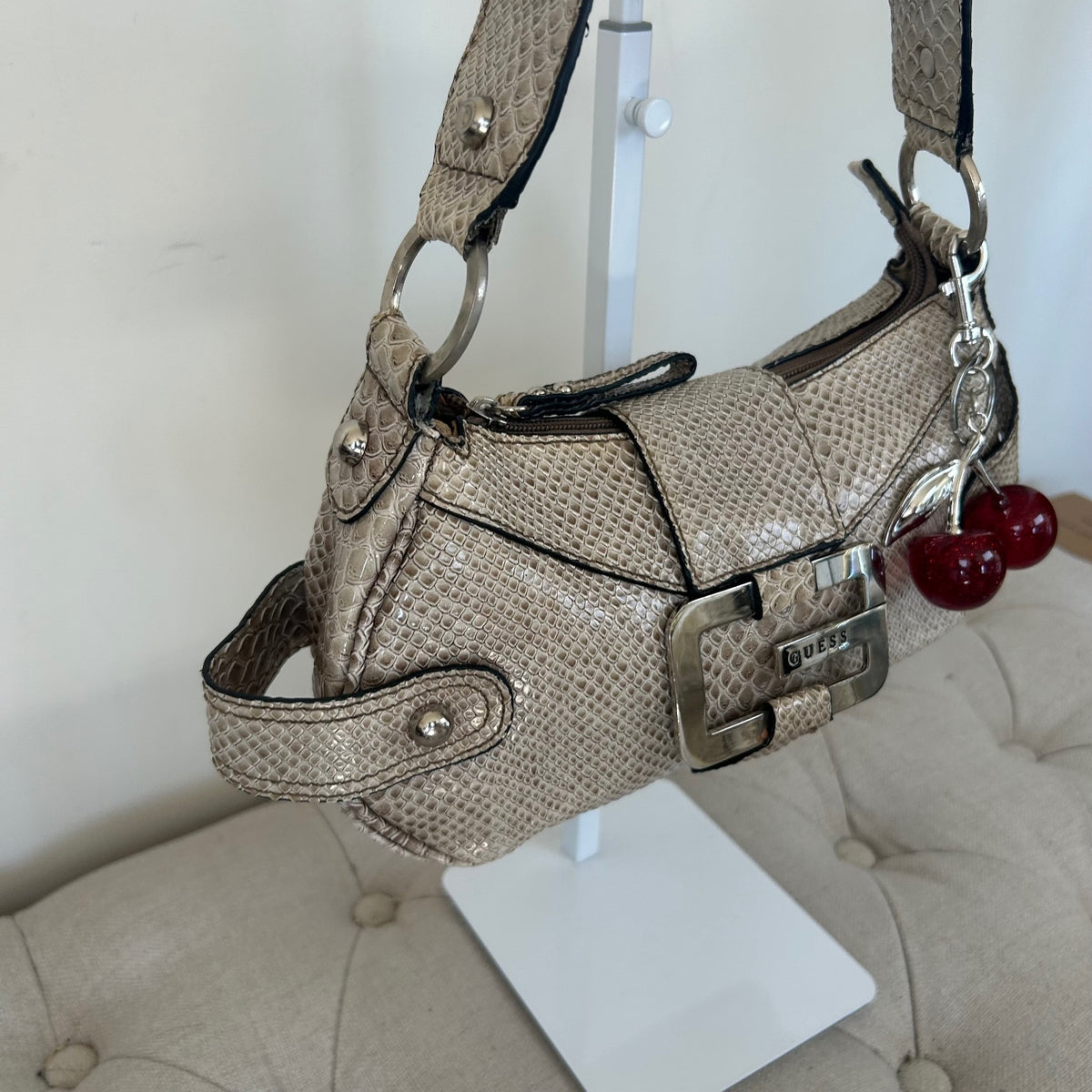 Guess Grey Snakeskin Shoulder Bag Chunky Hardware Y2K