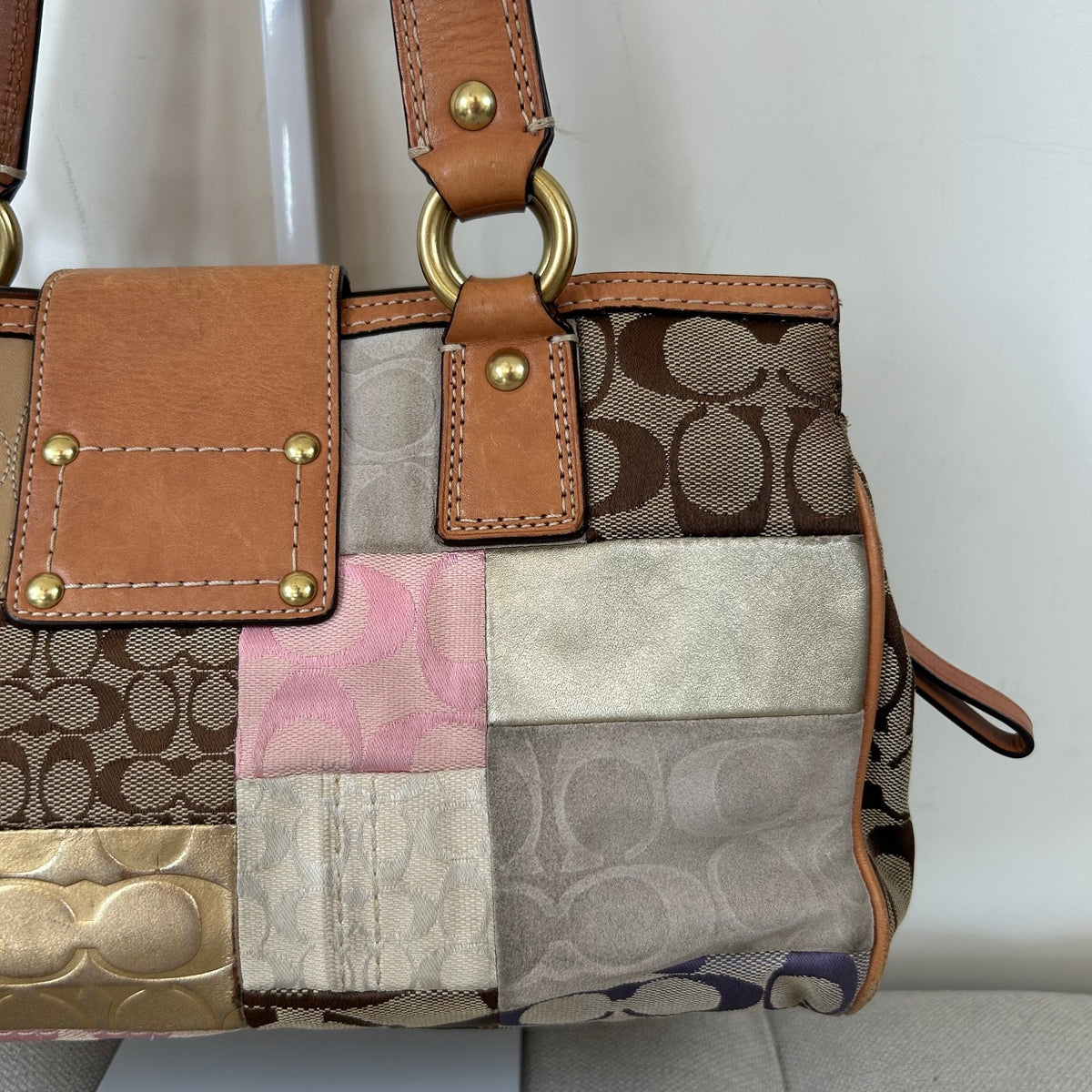 Coach Signature Pastel Patchwork 3 Compartment Turnlock Shoulder Bag K0871-F13335