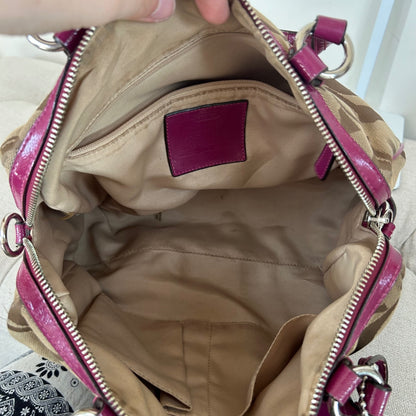 Coach Brown Signature Monogram Pink Stripe Convertible Satchel Shoulder Bag F1380-F24364
