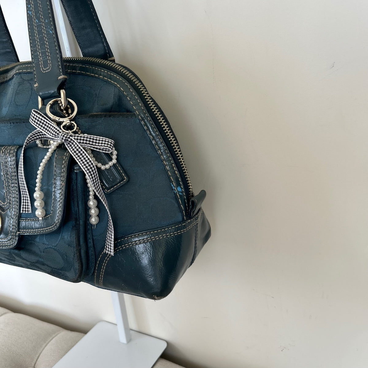 Coach Hampton Turnlock Blue Signature Monogram Shoulder Bag J0993-F13977