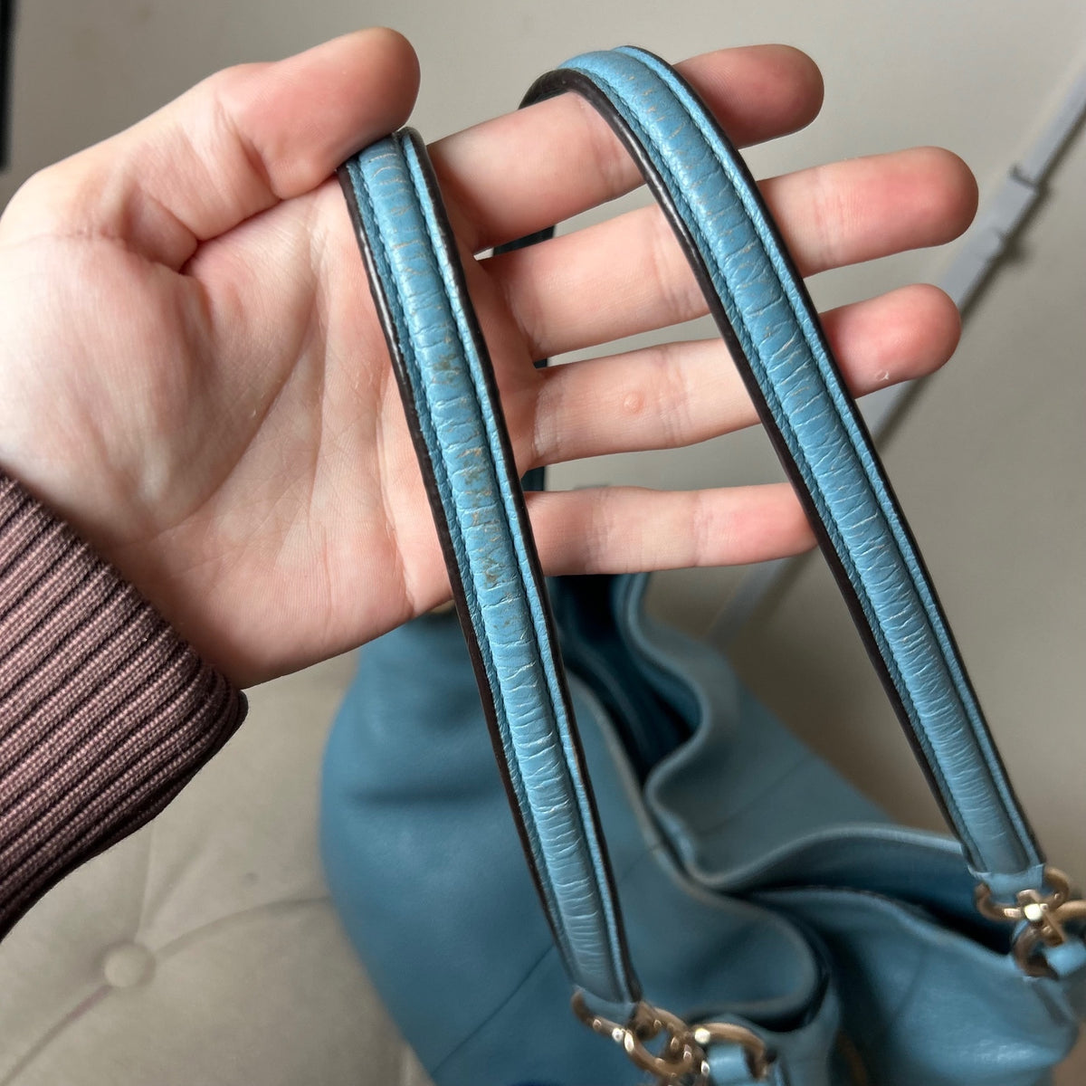 Coach Baby Blue Leather 3 Compartment Shoulder Bag Handbag Purse