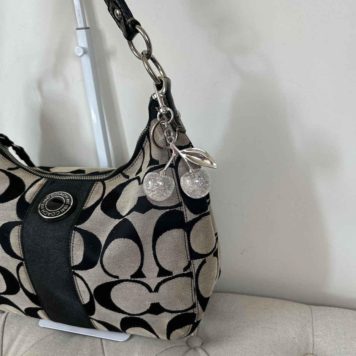Coach Black Large Signature Stripe Hobo Shoulder Bag A1261-F19281