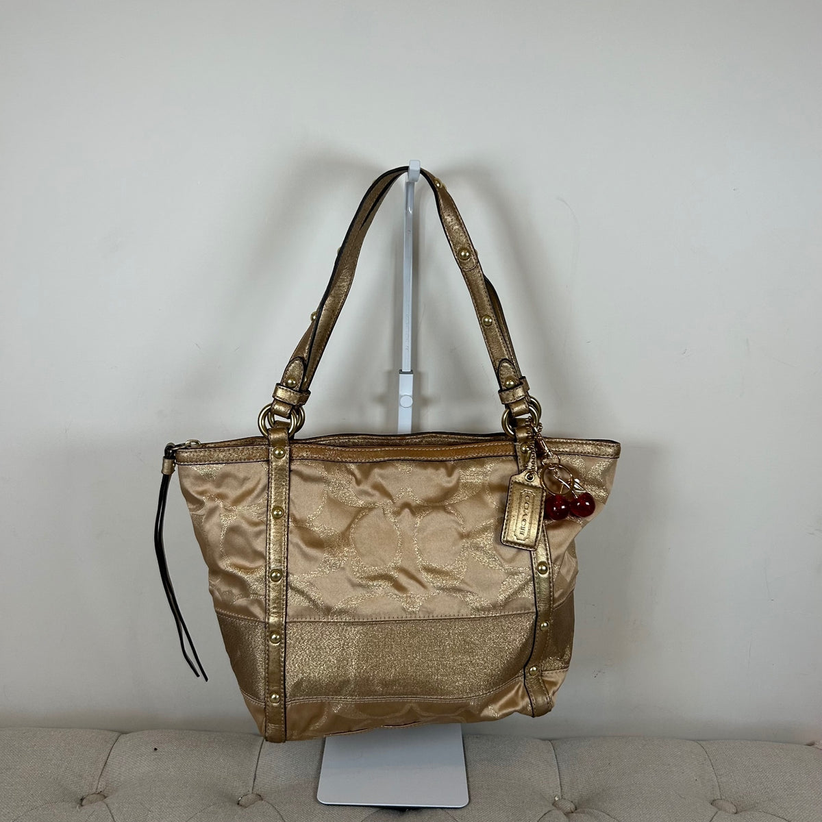Coach Signature Stripe Studded Gold Monogram Shoulder Bag F0873-12905