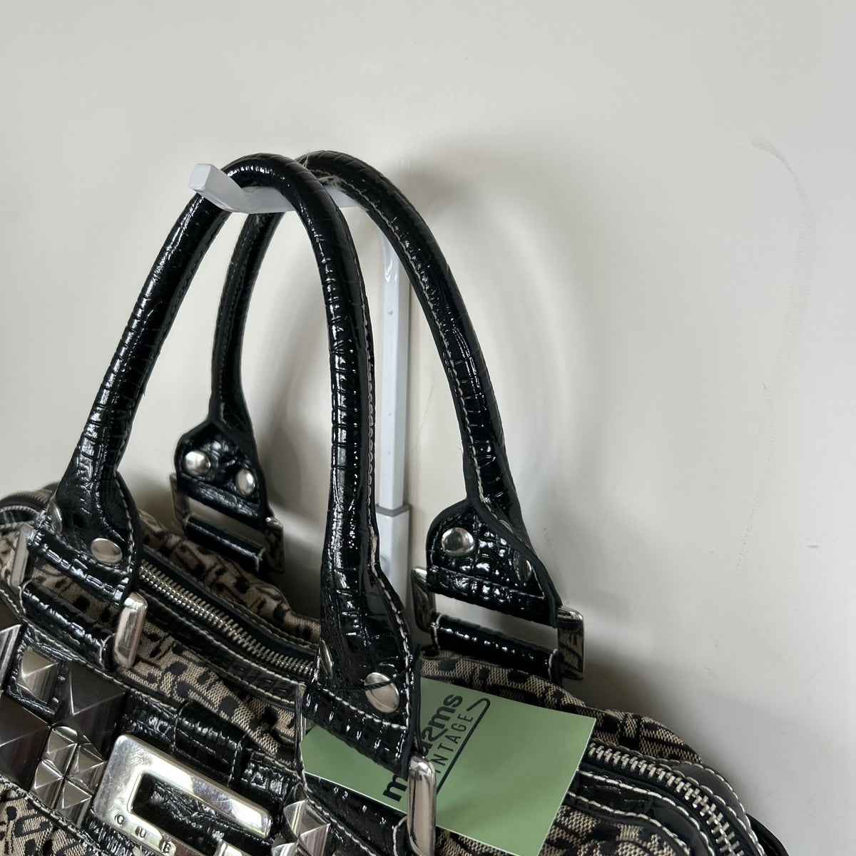 Vintage Y2K Guess Large Black Monogram Handbag Silver G