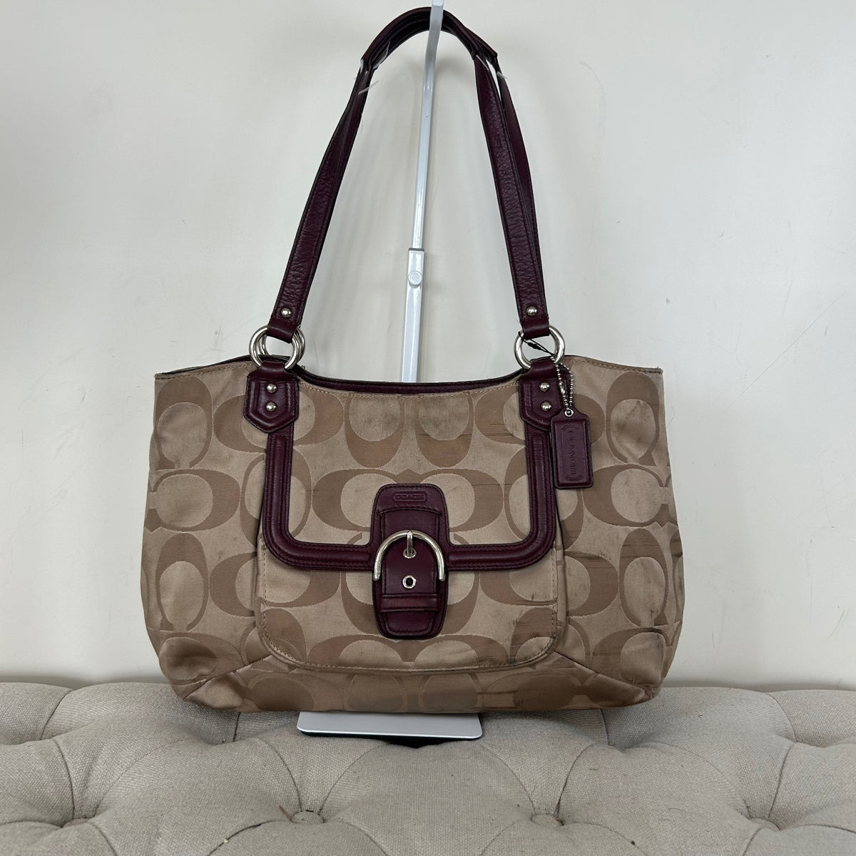 Coach Beige Soho Tote Shoulder Bag with Burgundy Leather Trim J1382-F25294