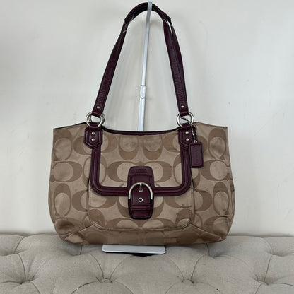 Coach Beige Soho Tote Shoulder Bag with Burgundy Leather Trim J1382-F25294