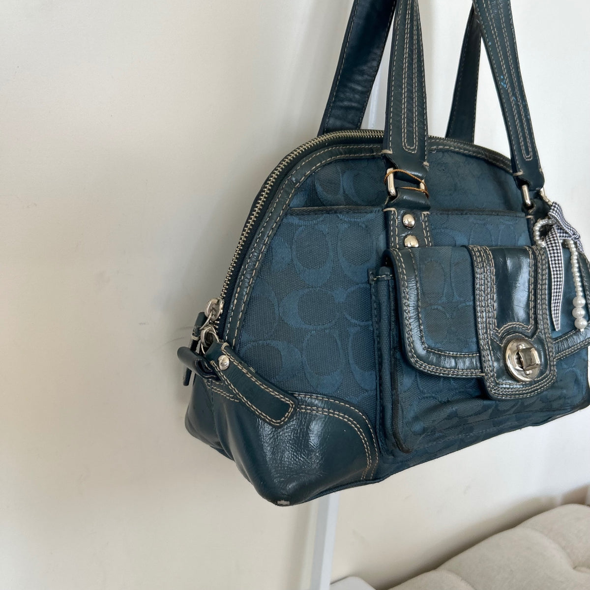 Coach Hampton Turnlock Blue Signature Monogram Shoulder Bag J0993-F13977