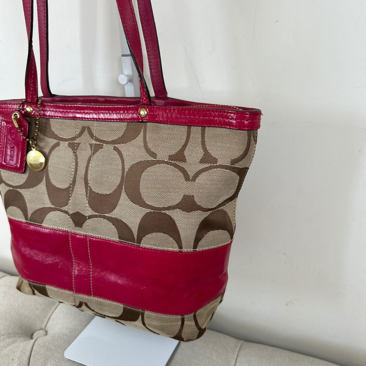 Coach Brown Signature Monogram Patent Pink Stripe Tote Shoulder Bag D0868-12429