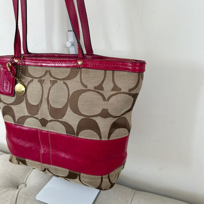Coach Brown Signature Monogram Patent Pink Stripe Tote Shoulder Bag D0868-12429