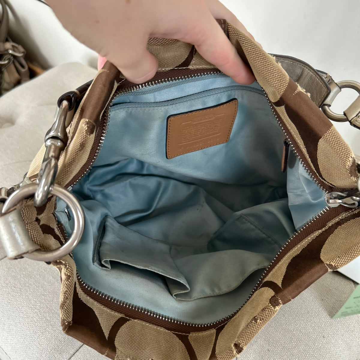 Coach Beige Carly Shoulder Bag with Silver Straps B0826-10619