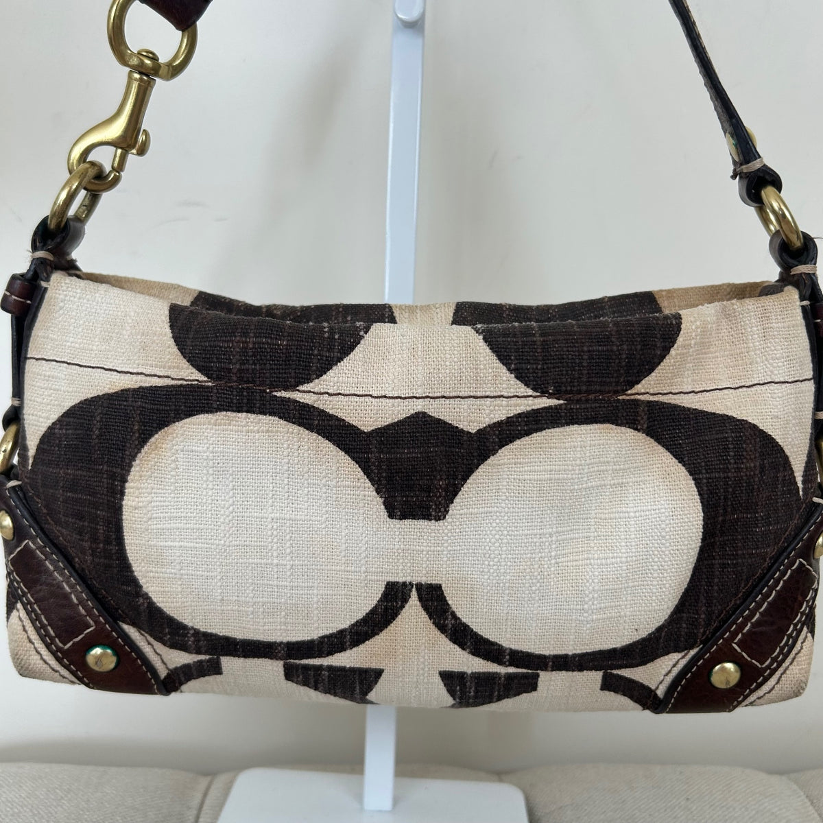 Rare Coach Beige & Brown Linen Carly Shoulder Bag A0773-10793