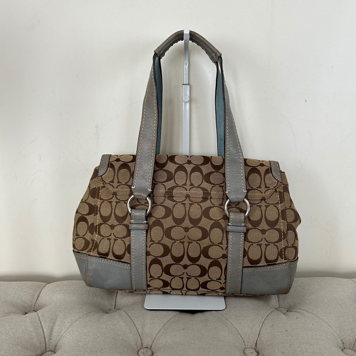 Coach Hampton Blue Leather Satchel Shoulder Bag with Brown Monogram M0726-11577