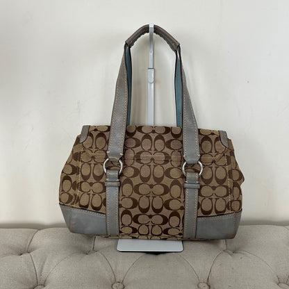Coach Hampton Blue Leather Satchel Shoulder Bag with Brown Monogram M0726-11577