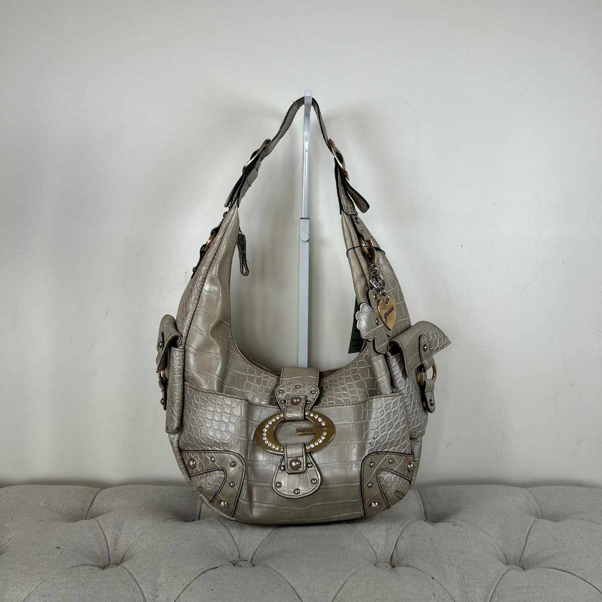 Vintage Y2K Guess Silver Snakeskin Patent Leather Hobo Shoulder Bag
