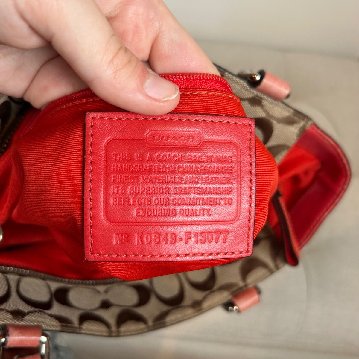 Coach Brown Signature Monogram Tote Shoulder Bag Coral Leather Trim K0849-F13077