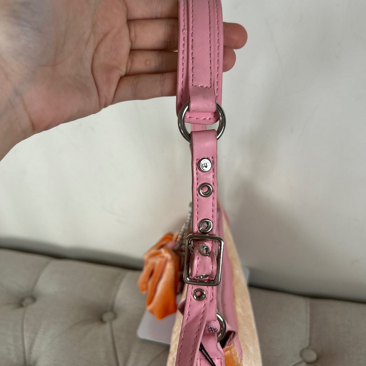 Y2K Juicy Couture Orange Velour Mini Shoulder Bag with Pink Detailing