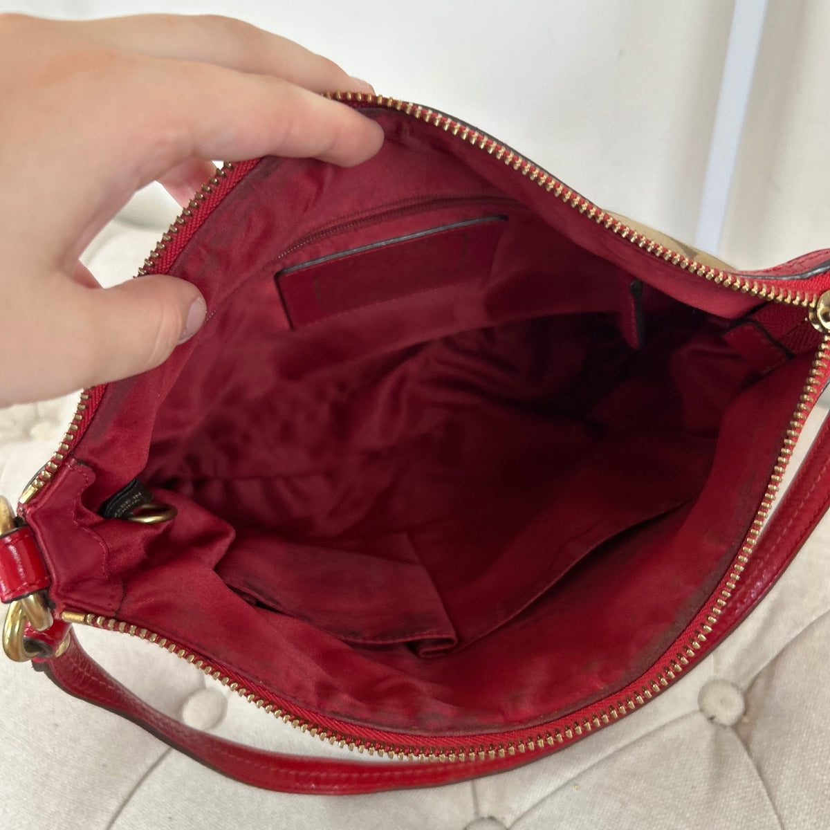 Coach Beige Signature Tote Shoulder Bag with Patent Red Stripe F0826-12825