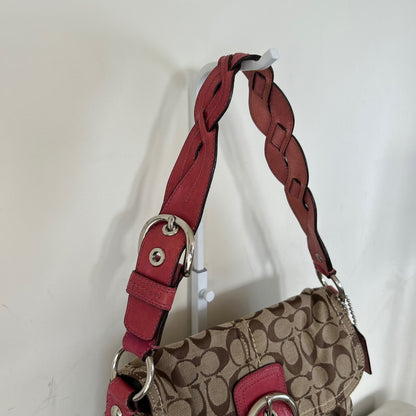 Coach Brown Monogram Soho Shoulder Bag with Pink Plaited Strap J0869-F11862