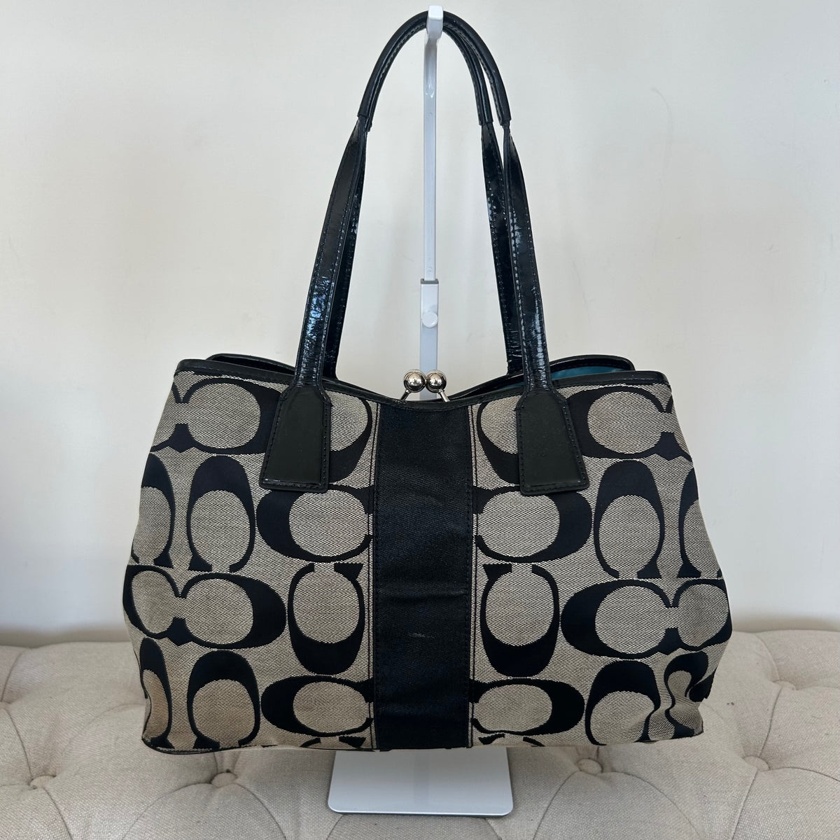 Coach Black Signature Monogram 3 Compartment Shoulder Bag Kisslock H0969-F13533