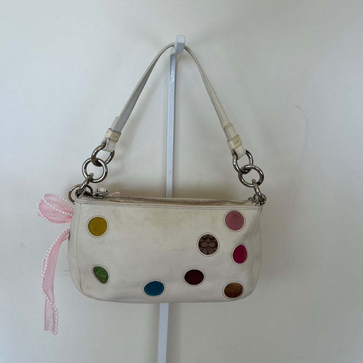 2004 Vintage Coach Polka Dot Demi White Leather Shoulder Bag J04Q-3677