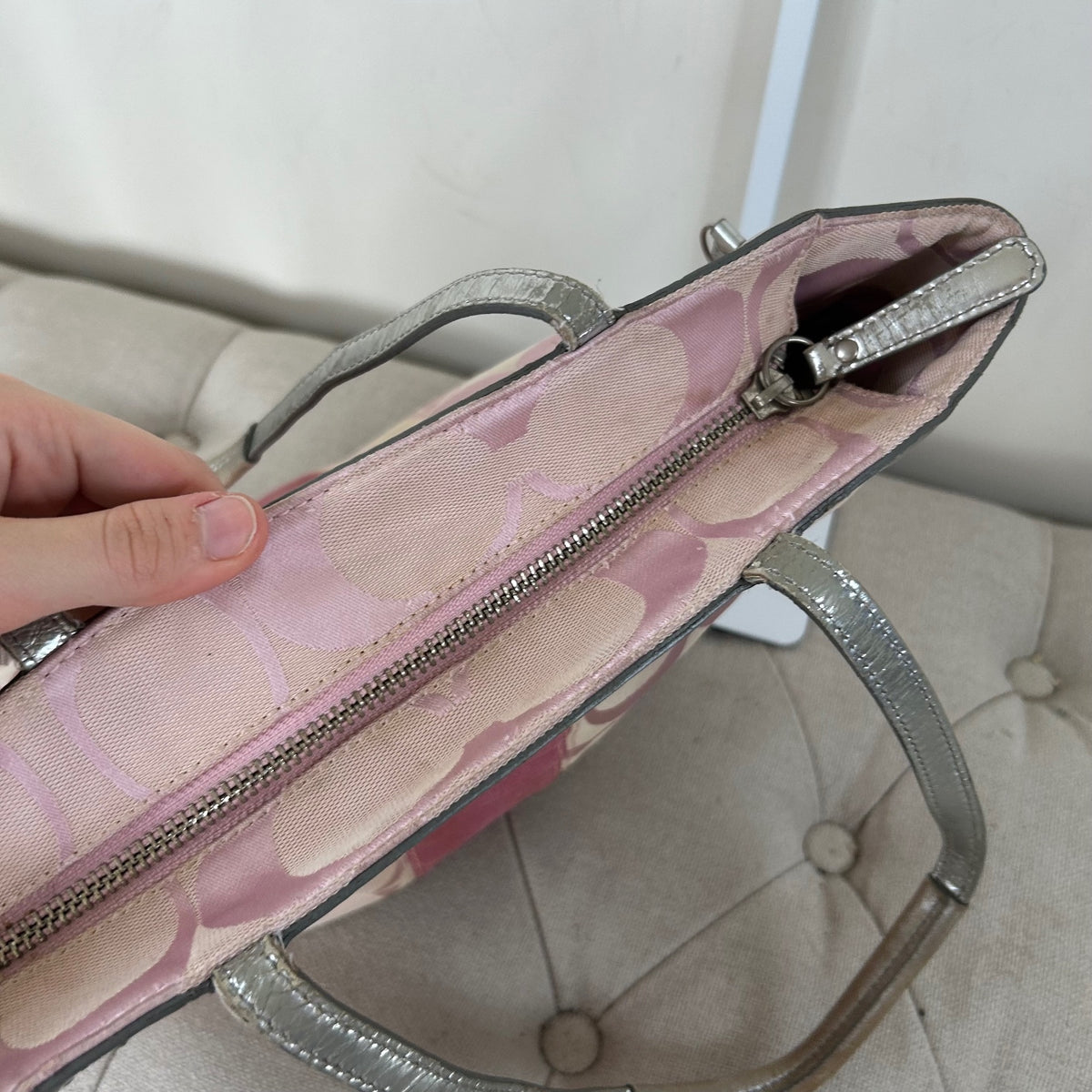 Coach Baby Pink Signature Stripe Canvas Tote Shoulder Bag L0849-13280