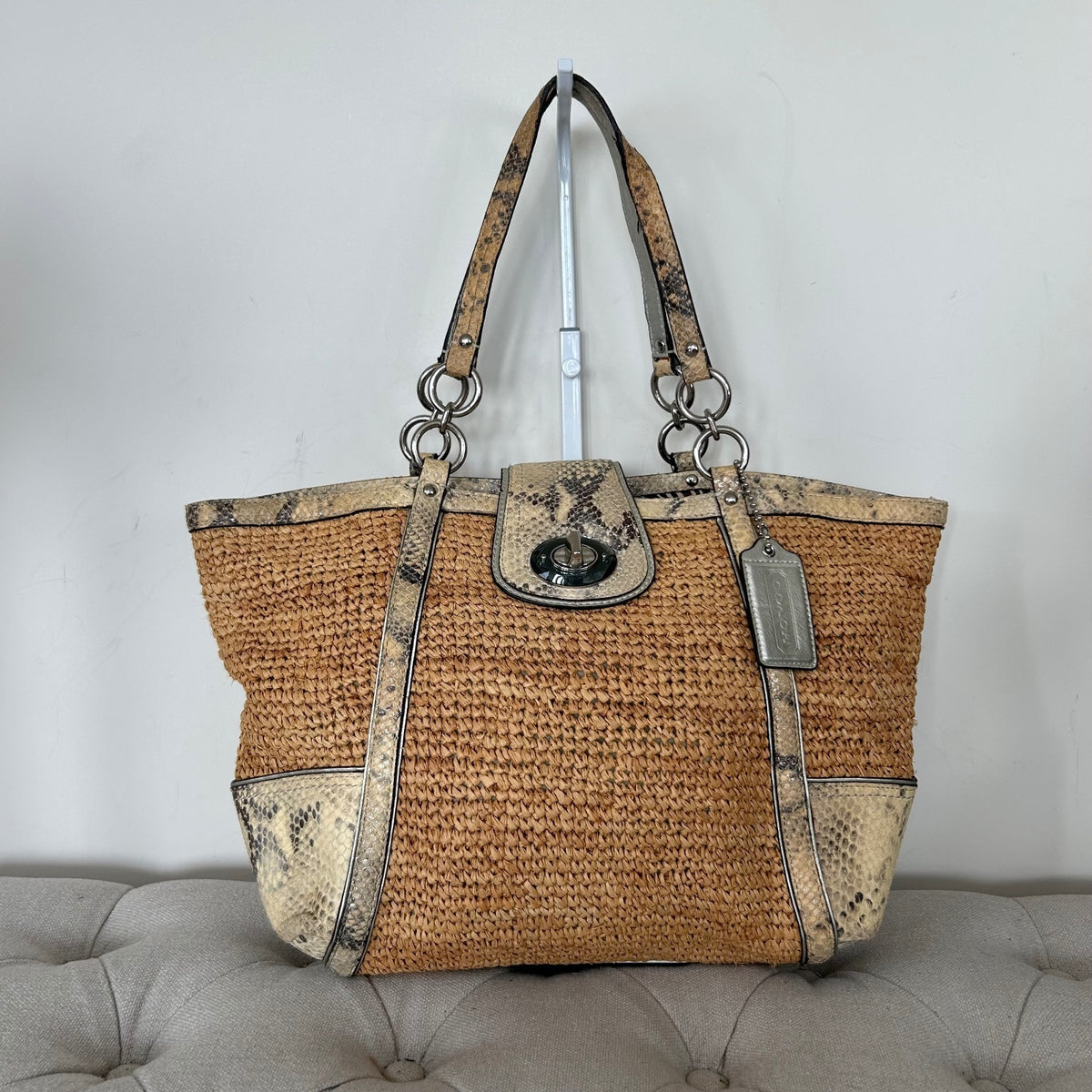 Coach Straw Python Basket Shoulder Bag Beige Silver Hardware L1169-19359