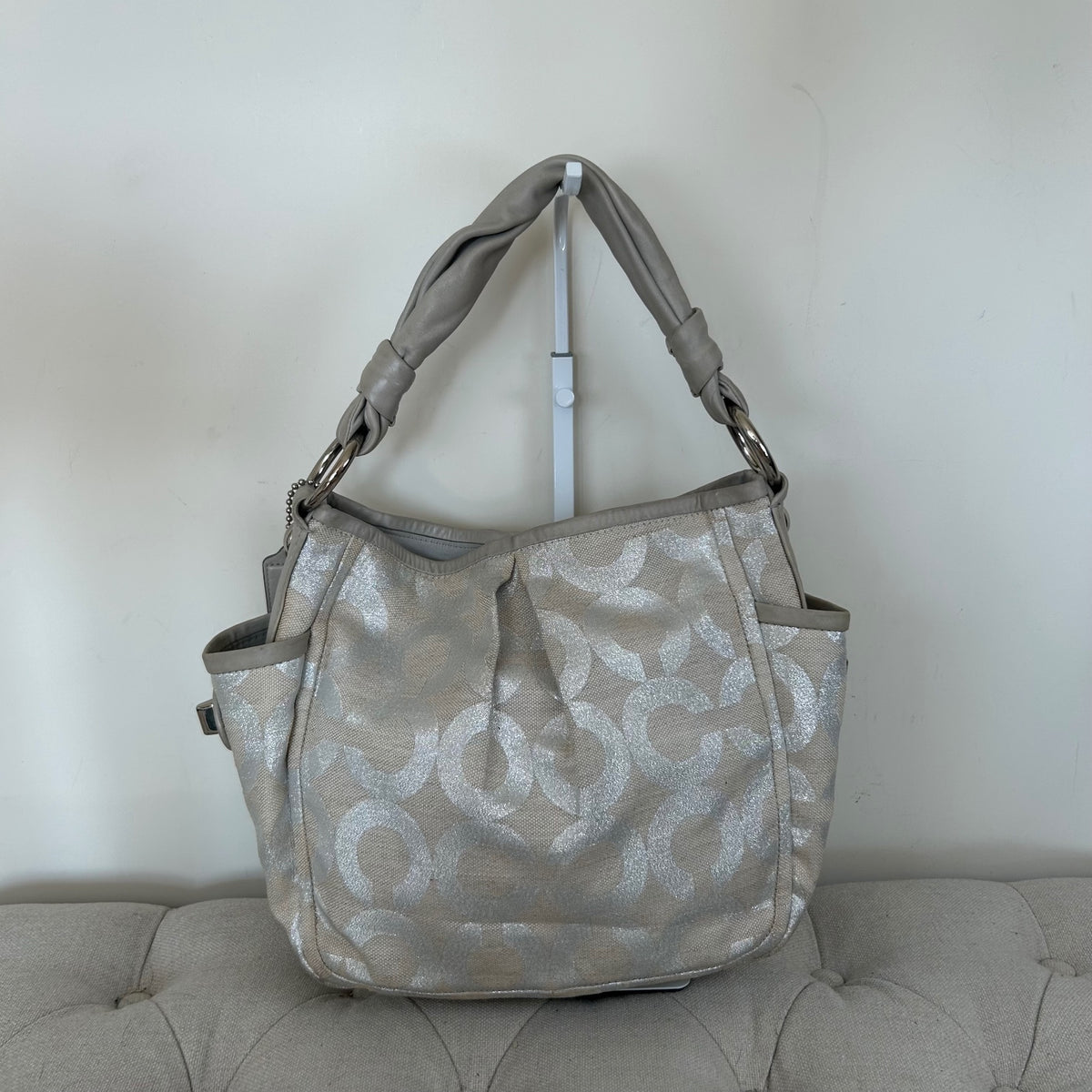 Coach Beige and Silver Pleated Parker Hobo Shoulder Bag L0882-13508