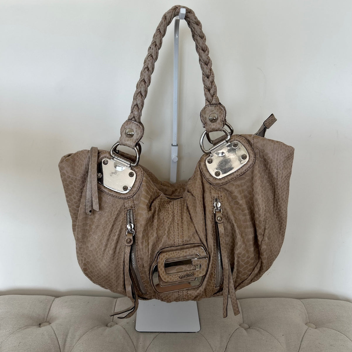 Guess Large Brown/ Beige Snakeskin Slouchy Hobo Shoulder Bag