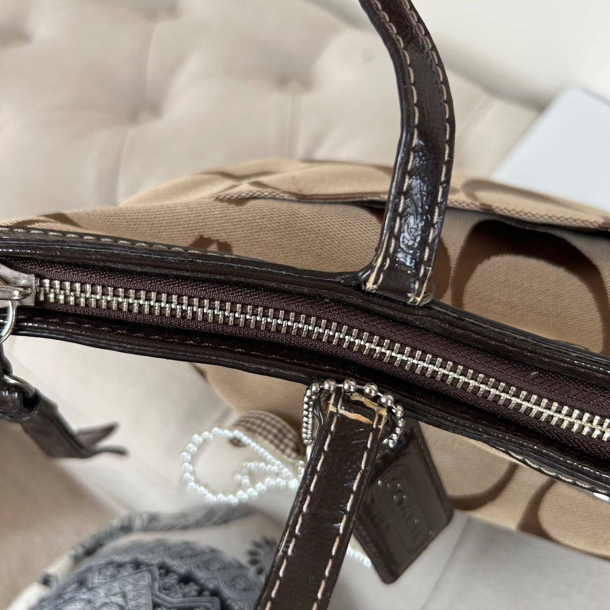 Coach Brown Signature Monogram Stripe Tote Shoulder Bag J1205-F19046