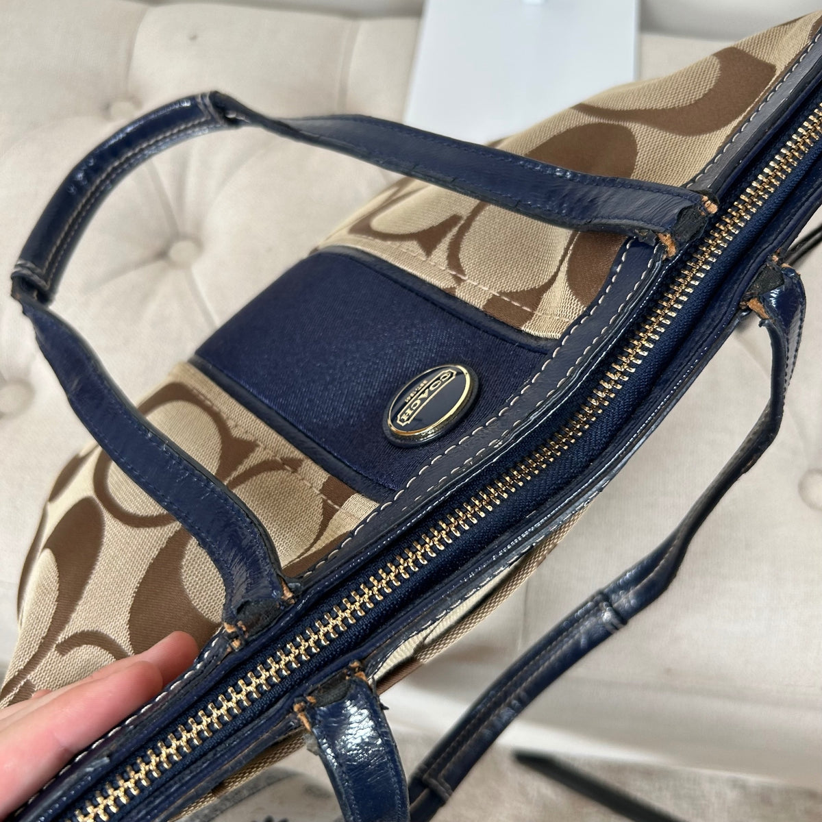 Coach Beige Signature Monogram Navy Stripe Tote Shoulder Bag E1320-F21950