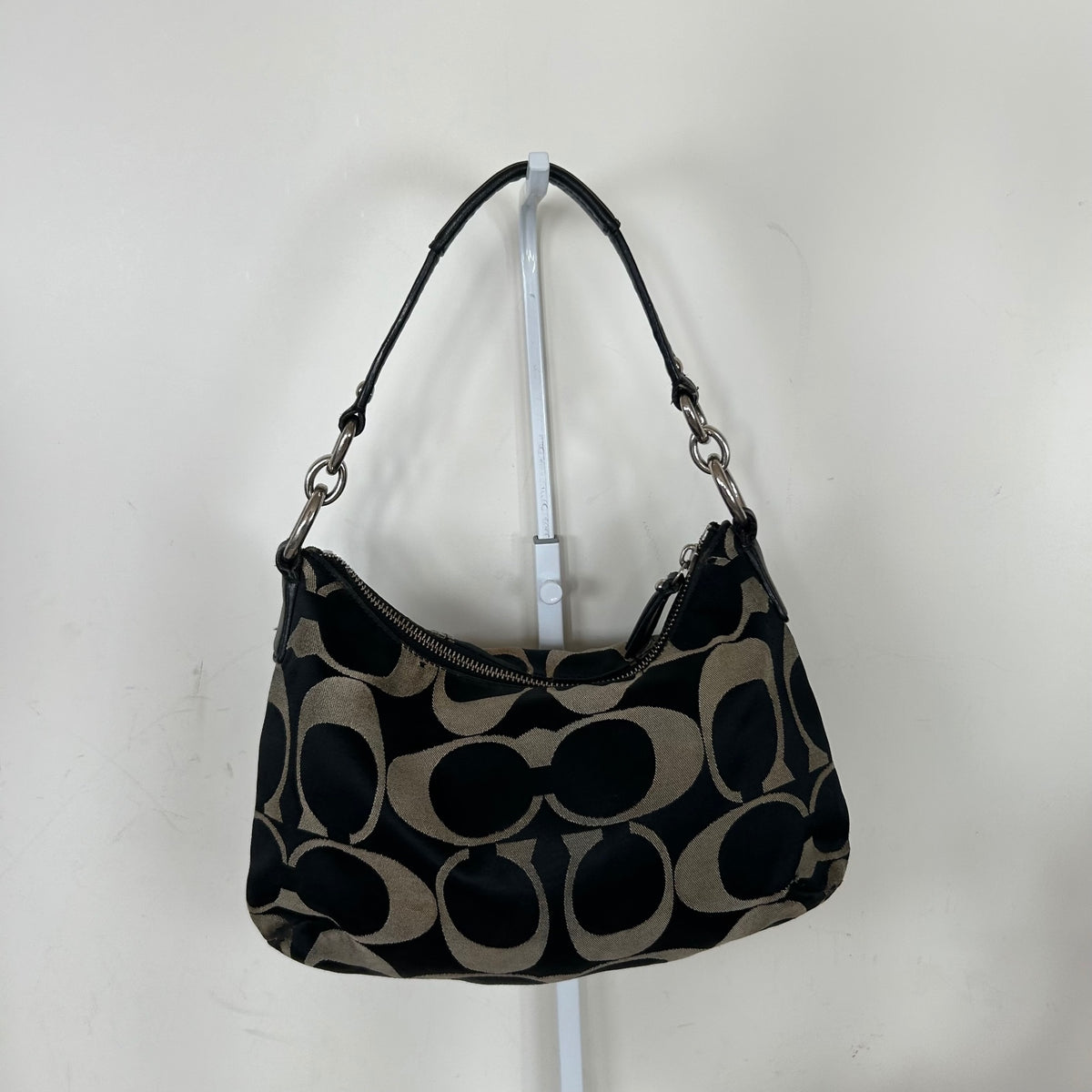 Coach Black Signature Monogram Mini Shoulder Bag Silver Clasp Front B1357-F22302