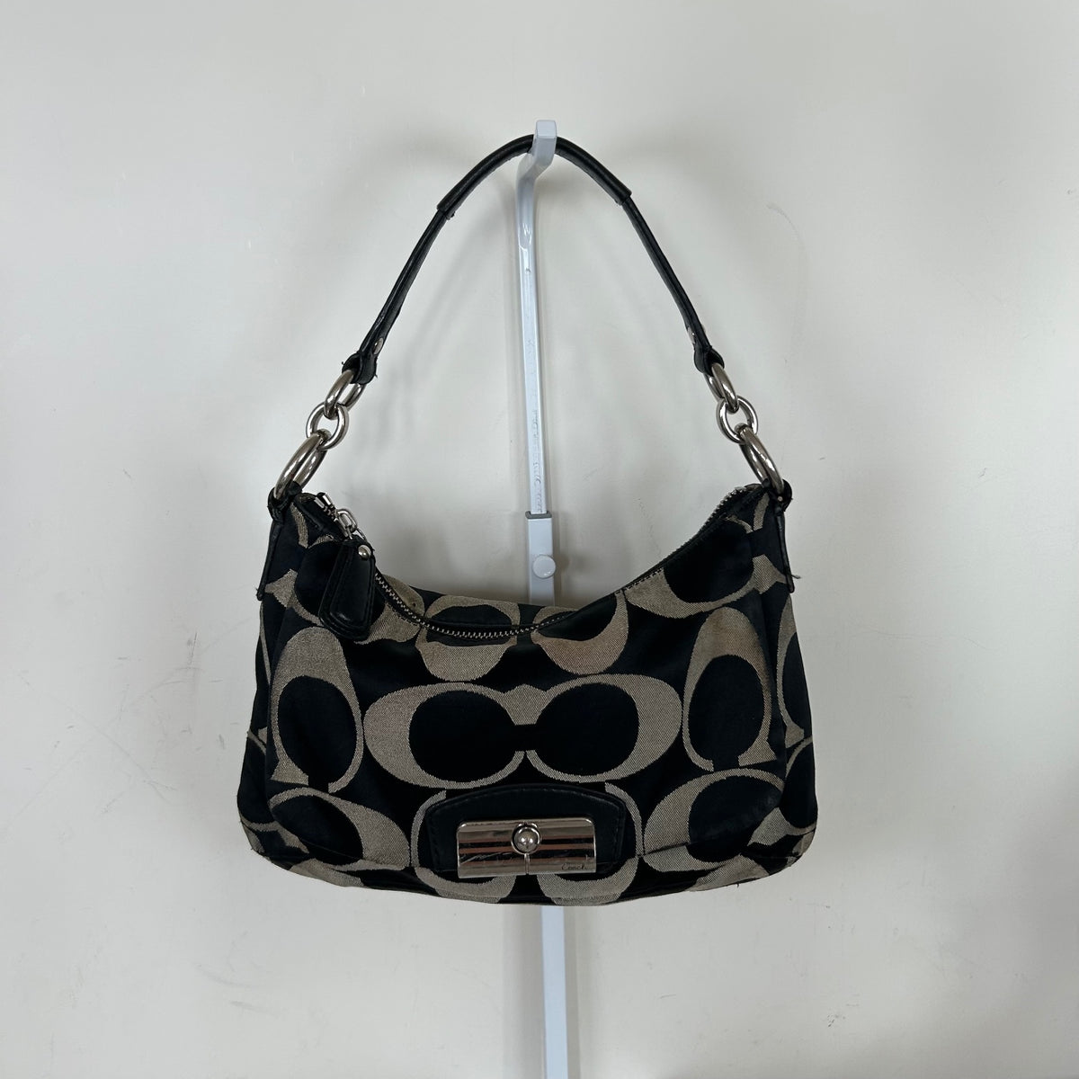 Coach Black Signature Monogram Mini Shoulder Bag Silver Clasp Front B1357-F22302