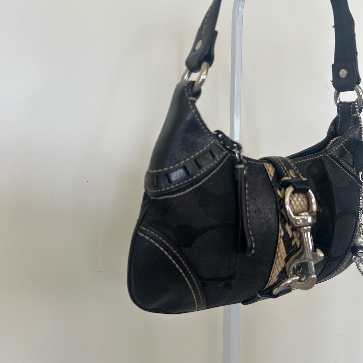Coach Black Signature Monogram Snakeskin Stripe Buckle Shoulder Bag E06K-10287