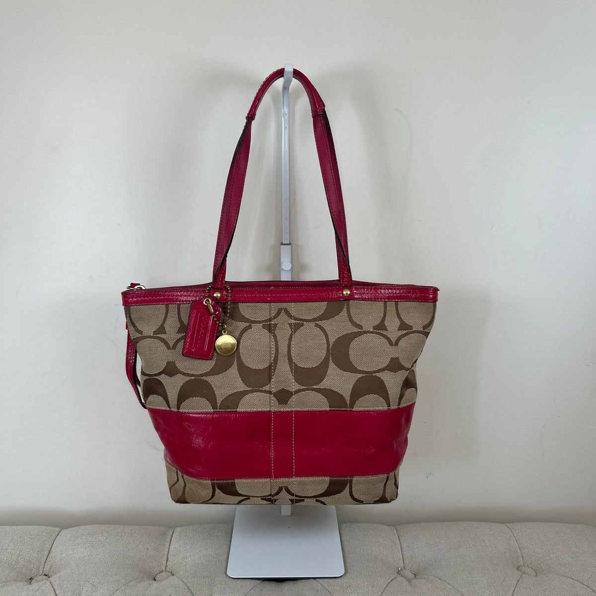 Coach Brown Signature Monogram Patent Pink Stripe Tote Shoulder Bag D0868-12429