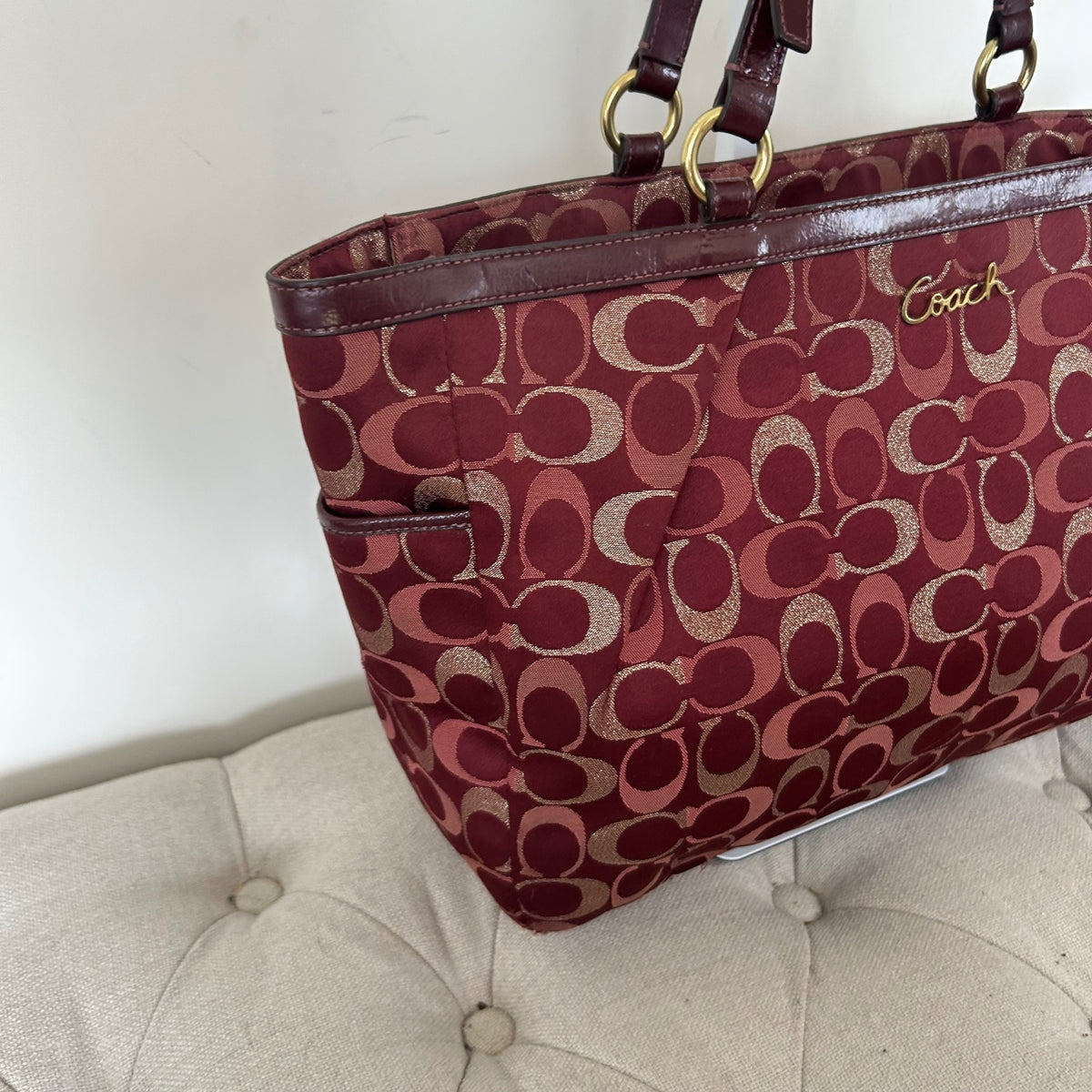 Coach Hamptons Burgundy and Gold Monogram Shoulder Tote Bag H1149-F18107
