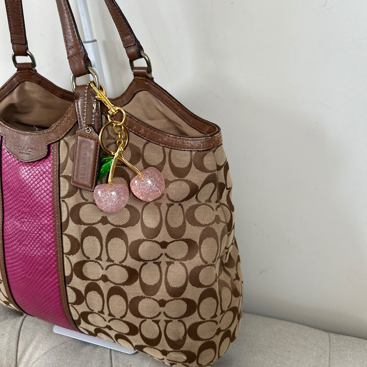 Coach Brown Monogram Shoulder Bag with Pink Stripe E1461-F13444