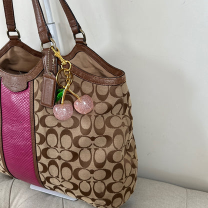 Coach Brown Monogram Shoulder Bag with Pink Stripe E1461-F13444