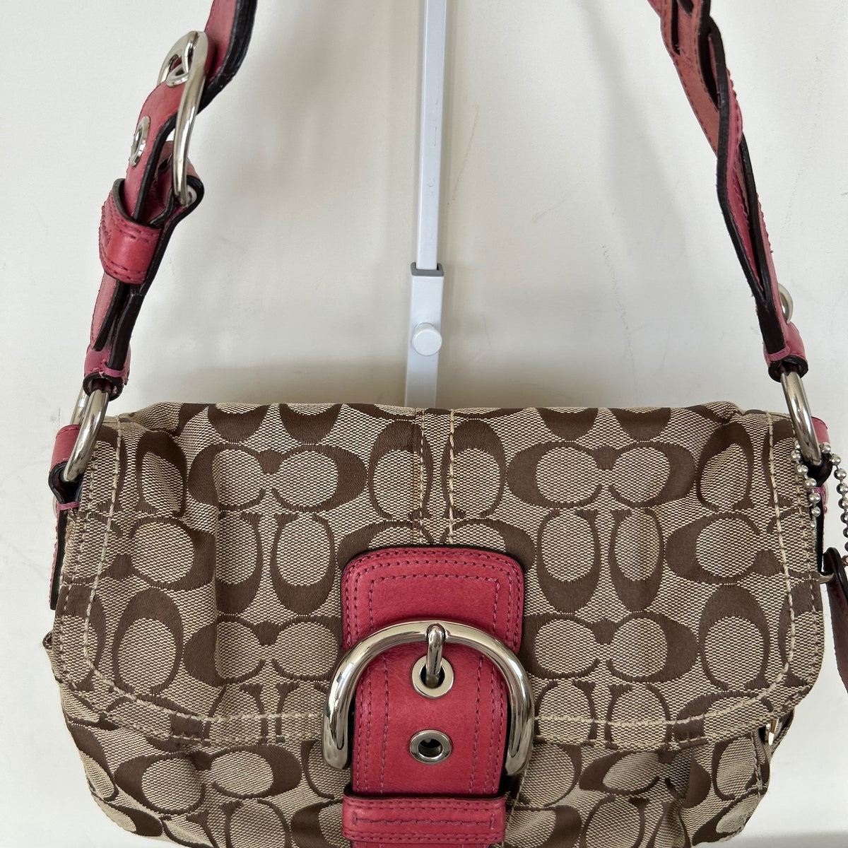 Coach Brown Monogram Soho Shoulder Bag with Pink Plaited Strap J0869-F11862