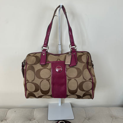 Coach Brown Signature Monogram Pink Stripe Convertible Satchel Shoulder Bag F1380-F24364