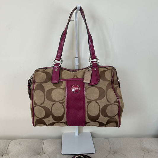 Coach Brown Signature Monogram Pink Stripe Convertible Satchel Shoulder Bag F1380-F24364