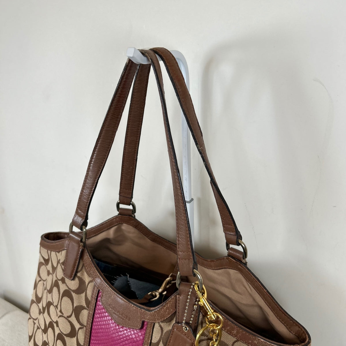 Coach Brown Monogram Shoulder Bag with Pink Stripe E1461-F13444