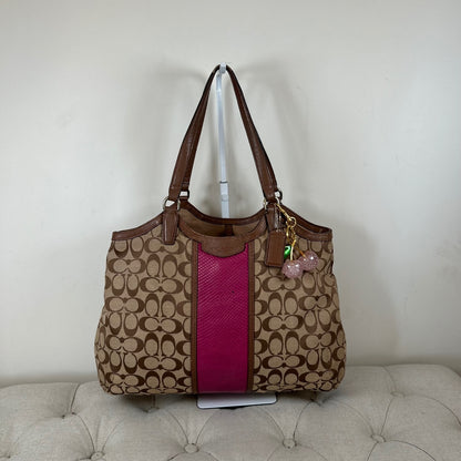 Coach Brown Monogram Shoulder Bag with Pink Stripe E1461-F13444