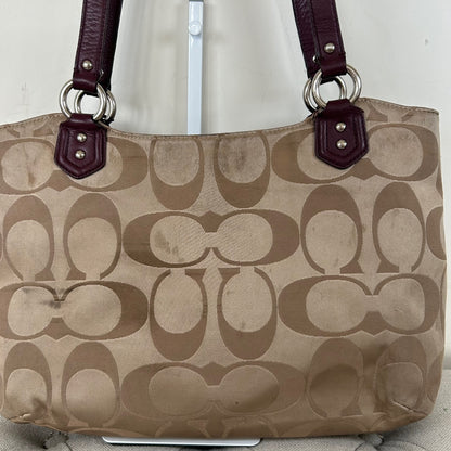 Coach Beige Soho Tote Shoulder Bag with Burgundy Leather Trim J1382-F25294