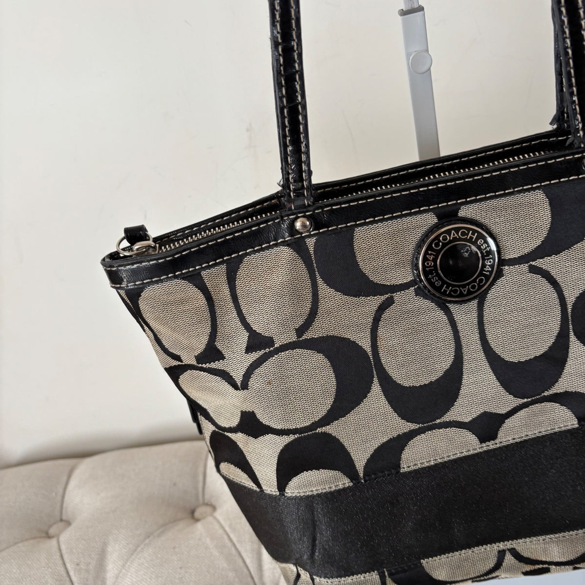 Coach Black Signature Stripe Monogram Tote Shoulder Bag D1276-F19046