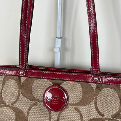 Coach Beige Signature Monogram Red Stripe Tote Shoulder Bag H1182-F17433