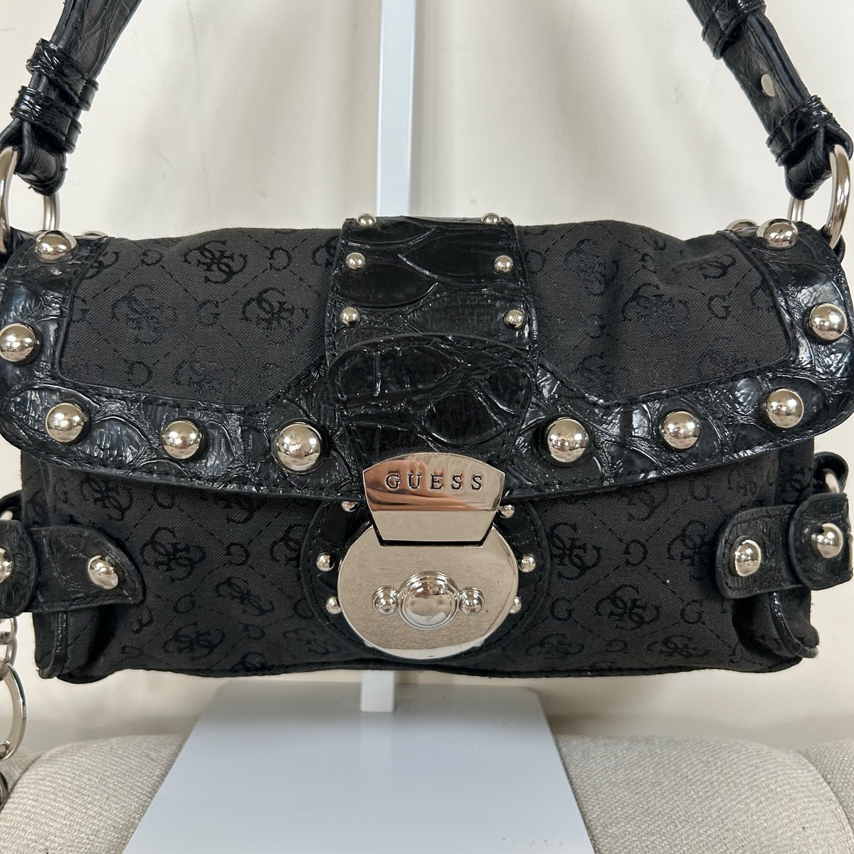 Guess Black Monogram Studded Mini Shoulder Bag