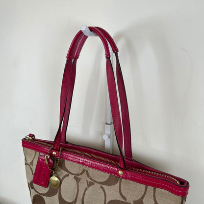 Coach Brown Signature Monogram Patent Pink Stripe Tote Shoulder Bag D0868-12429