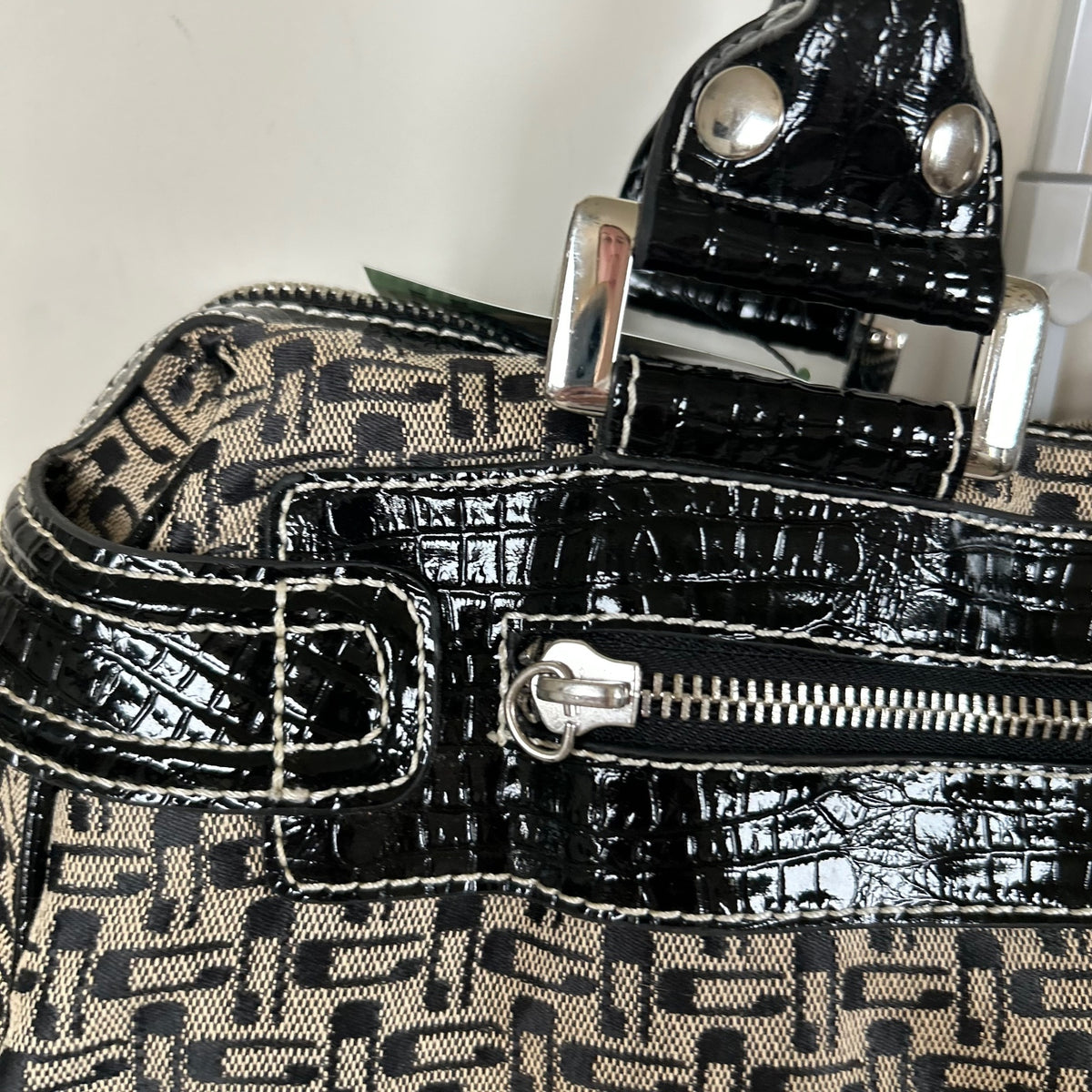 Vintage Y2K Guess Large Black Monogram Handbag Silver G